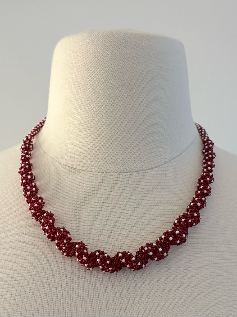Handmade red and white Hungarian glass beaded spiral necklace